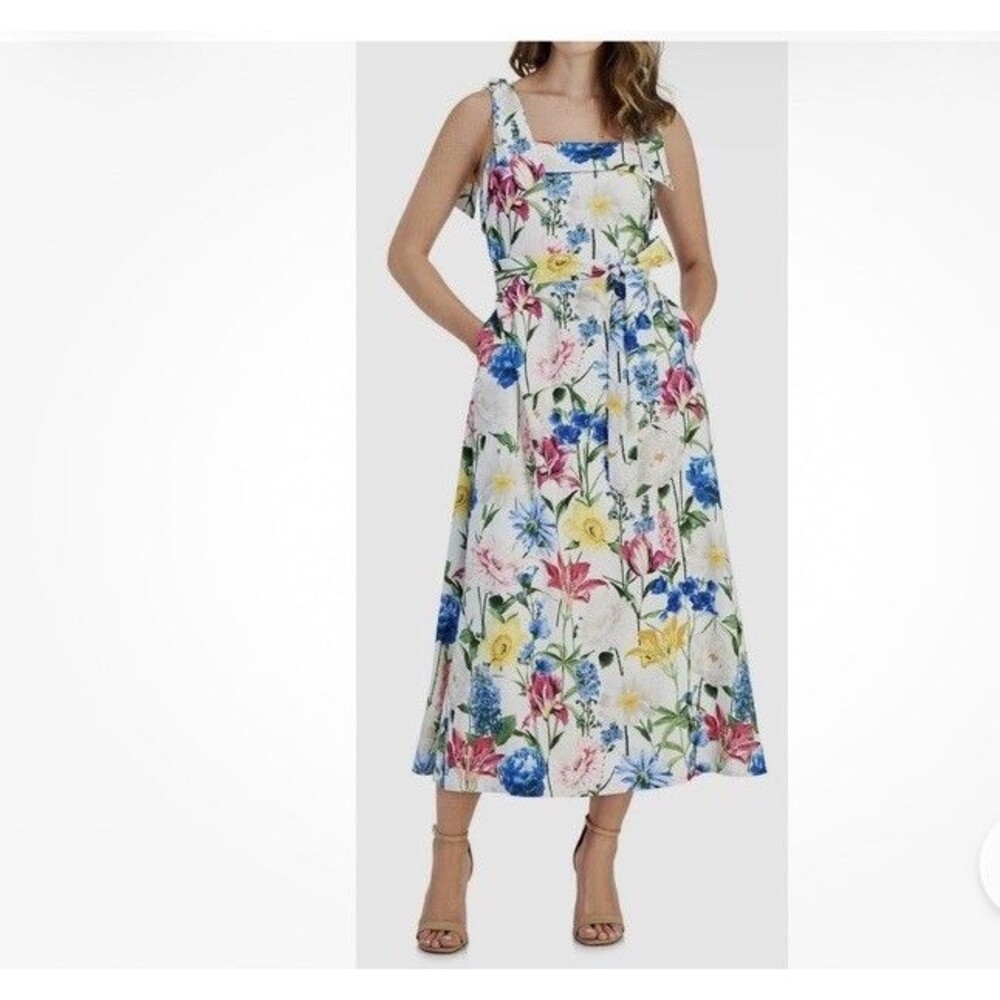 Anne Klein White Floral Tie Strap Midi Dress Fits Size Small